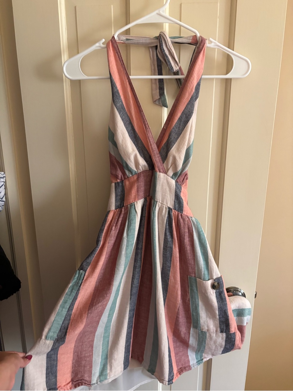 American Eagle Outfitters Striped Halter Mini Dress in Coral, Teal & Cream